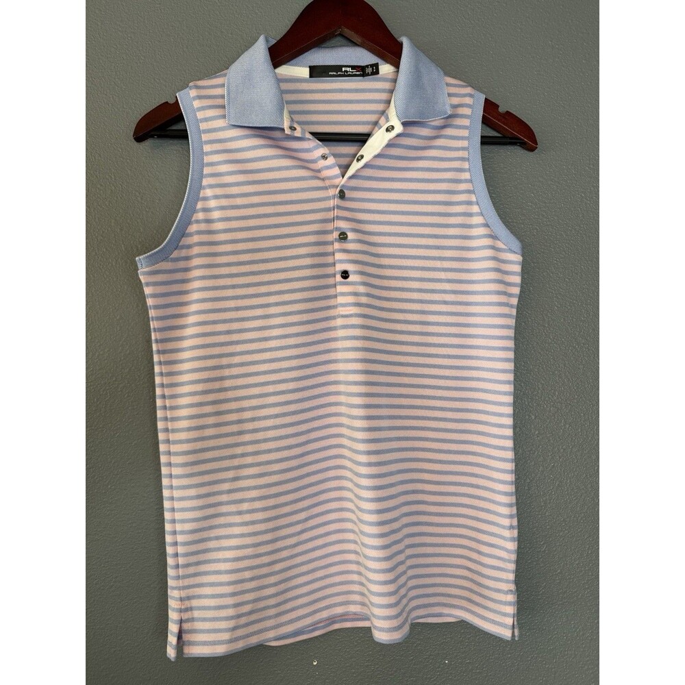 RLX Ralph Lauren Womens Small Sleeveless Golf Polo Pink Blue Stripe Stretch
